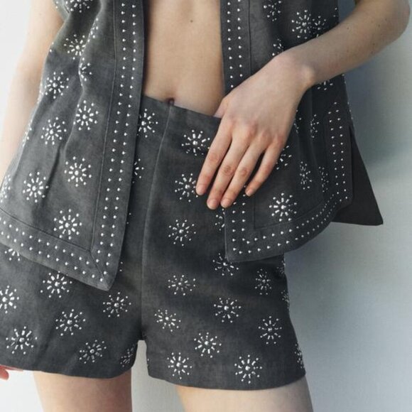 Zara LINEN BLEND EMBROIDERED SHORTS ZW COLLECTION - Picture 4 of 9